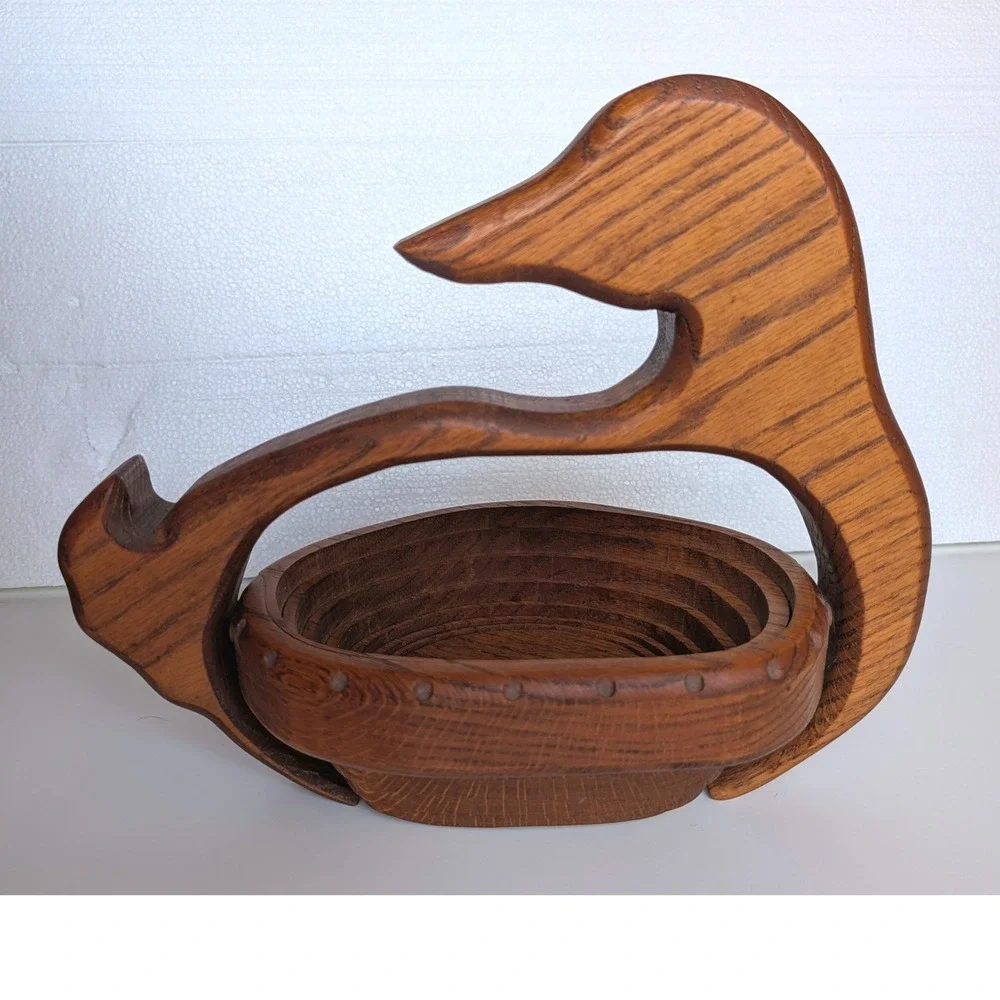 Vintage Oak Wood Collapsible Duck Basket Folding Bird Fruit Bowl Trivet Rustic